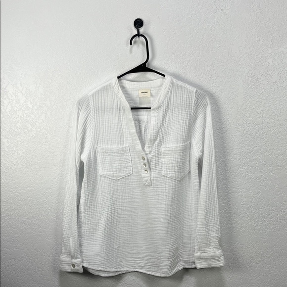Mote Tops - Mote V-Neck Tunic Top Sz S White Henley Pockets Bohemian Gauze Cotton TC0617